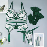 Emerald Bloom Embroidered Lingerie 4 Piece Set - Lingerie By Coco - Flyclothing LLC