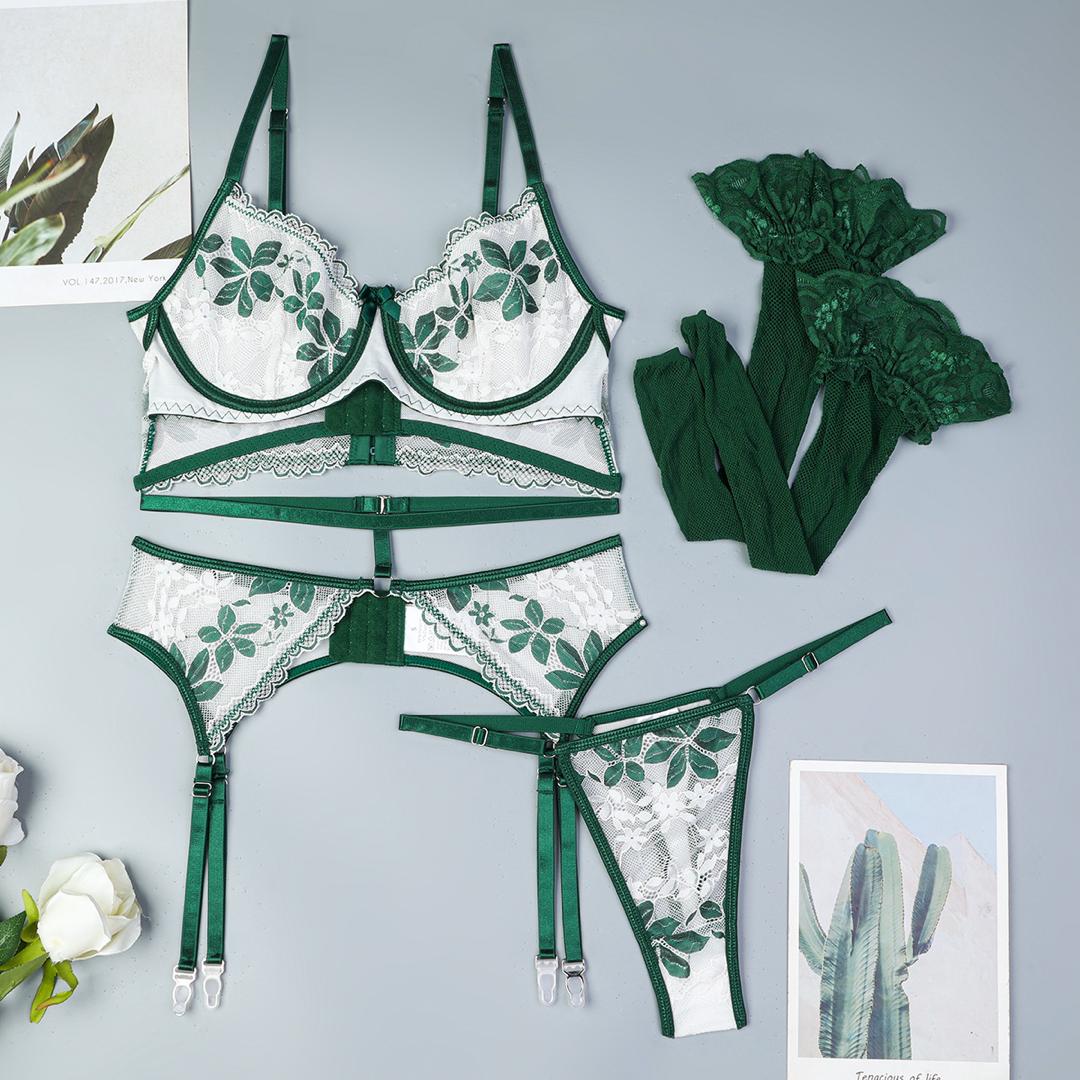 Emerald Bloom Embroidered Lingerie 4 Piece Set - Lingerie By Coco - Flyclothing LLC