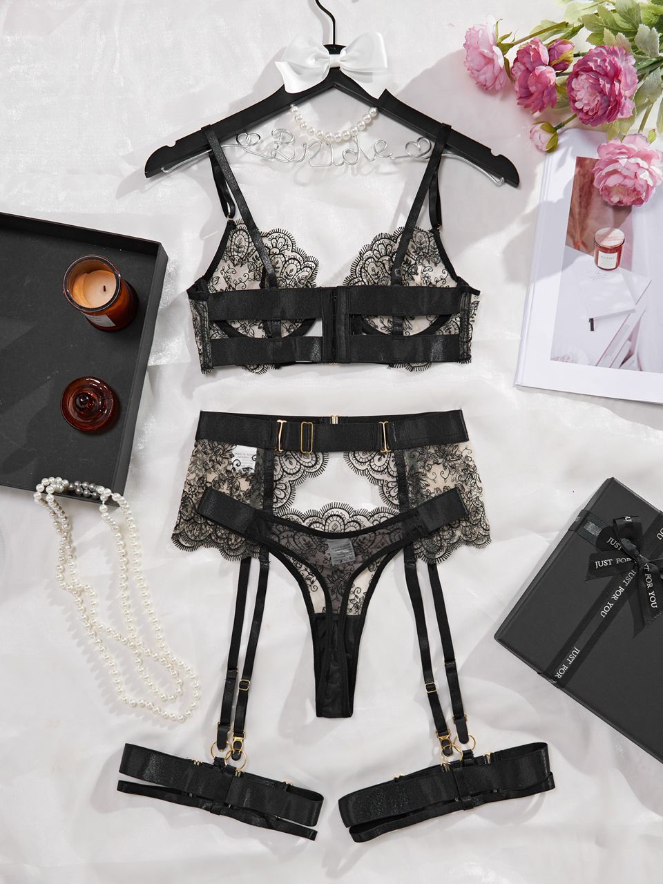 Noir Elegance Lace 4 Piece Lingerie Set - Lingerie By Coco - Flyclothing LLC