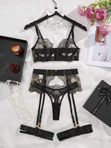 Noir Elegance Lace 4 Piece Lingerie Set - Lingerie By Coco - Flyclothing LLC