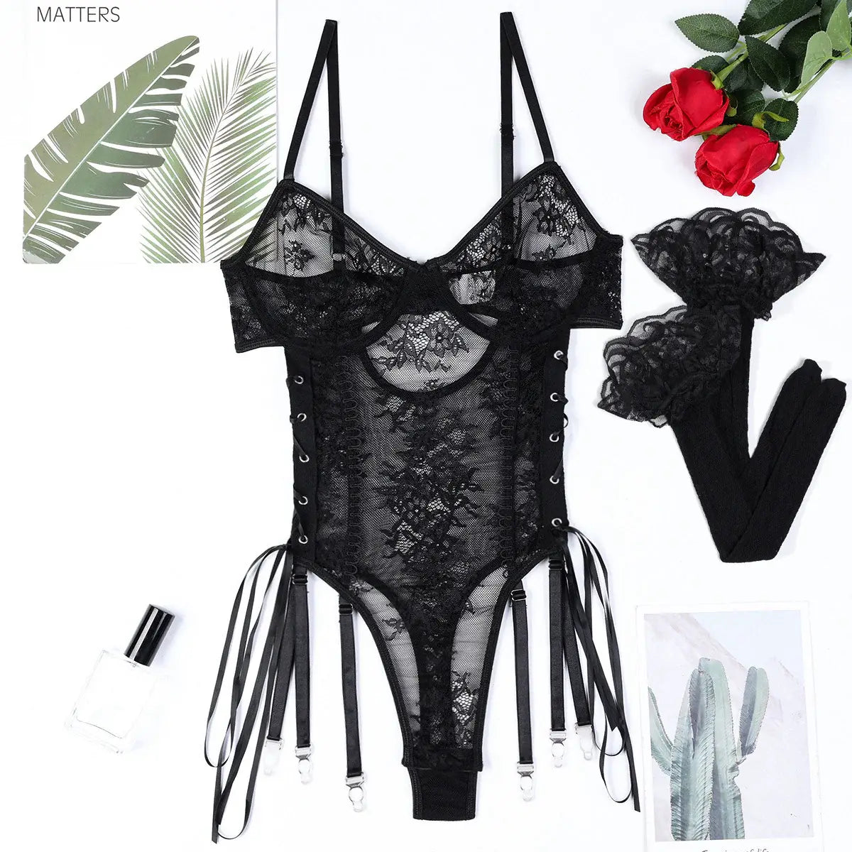 Vienna Lace-Up Sheer Lace 2 Piece Black Bodysuit - Lingerie By Coco - Flyclothing LLC