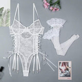 Vienna Lace-Up Sheer Lace 2 Piece White Bodysuit - Lingerie By Coco - Flyclothing LLC