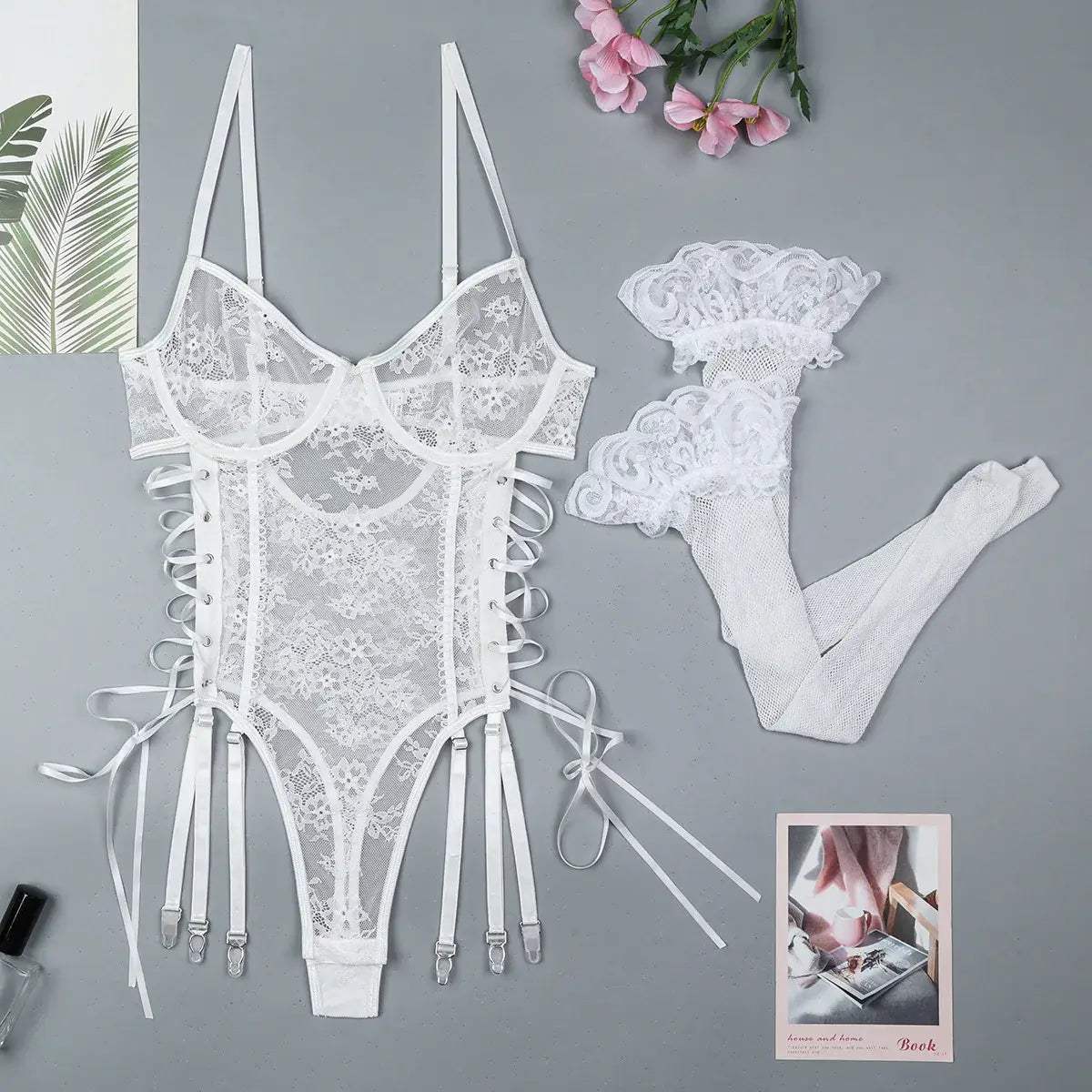 Vienna Lace-Up Sheer Lace 2 Piece White Bodysuit - Lingerie By Coco - Flyclothing LLC