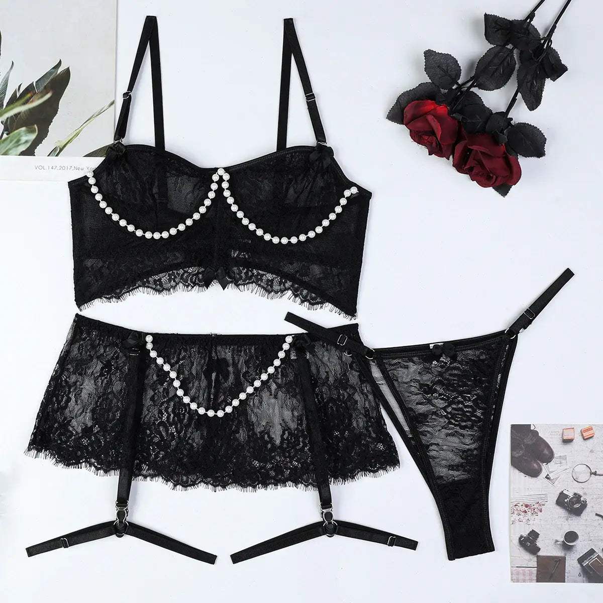 Luna Pearl Embellished Lace 4 Piece Lingerie Set - Lingerie By Coco - Flyclothing LLC
