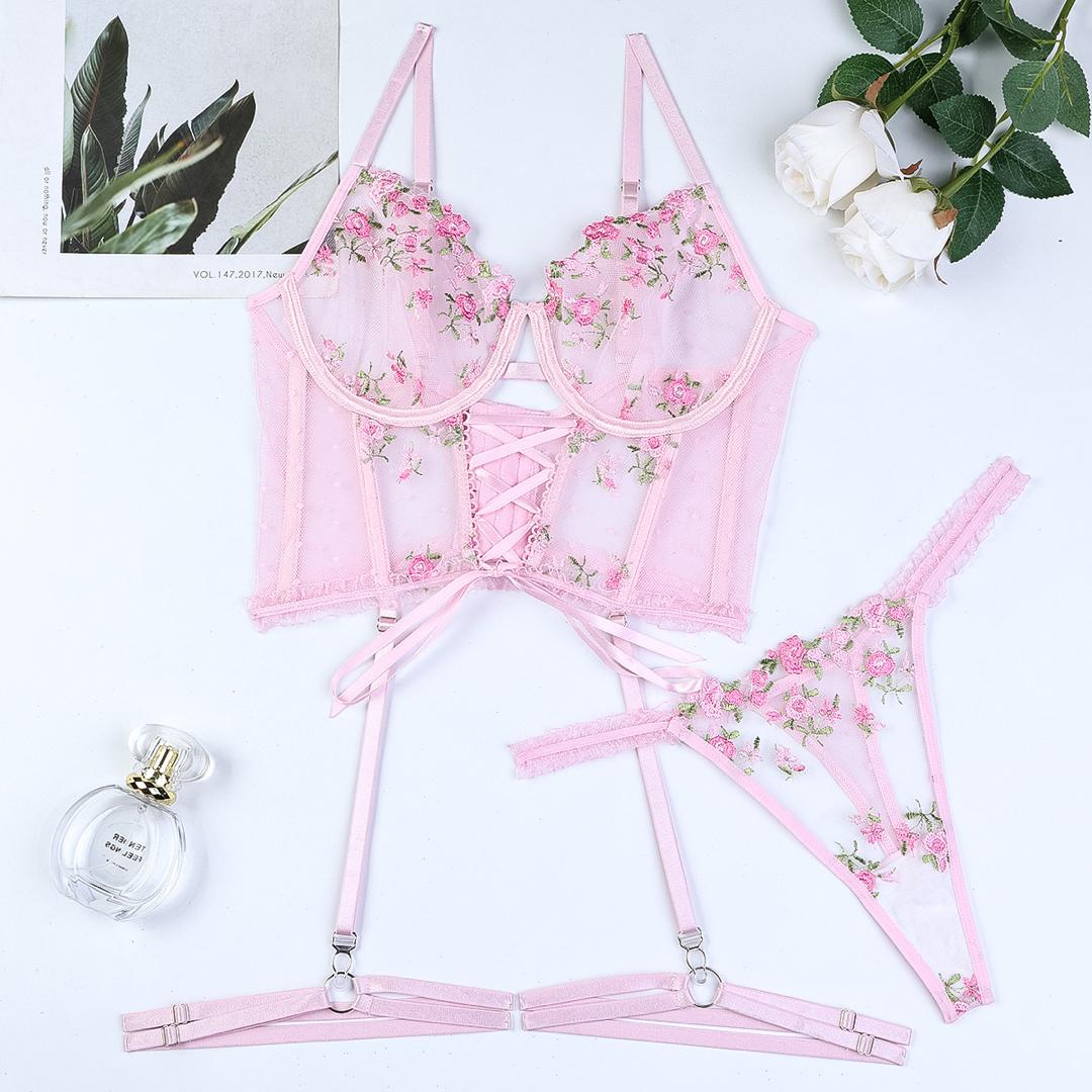 Rose Garden Embroidered Lace 3 Piece Lingerie Set - Lingerie By Coco - Flyclothing LLC