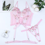 Rose Garden Embroidered Lace 3 Piece Lingerie Set - Lingerie By Coco - Flyclothing LLC