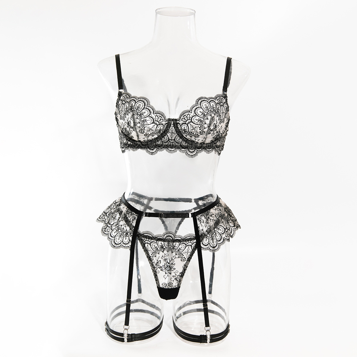 Carmen Lace Lingerie 4 Piece Set Black - Lingerie By Coco - Flyclothing LLC