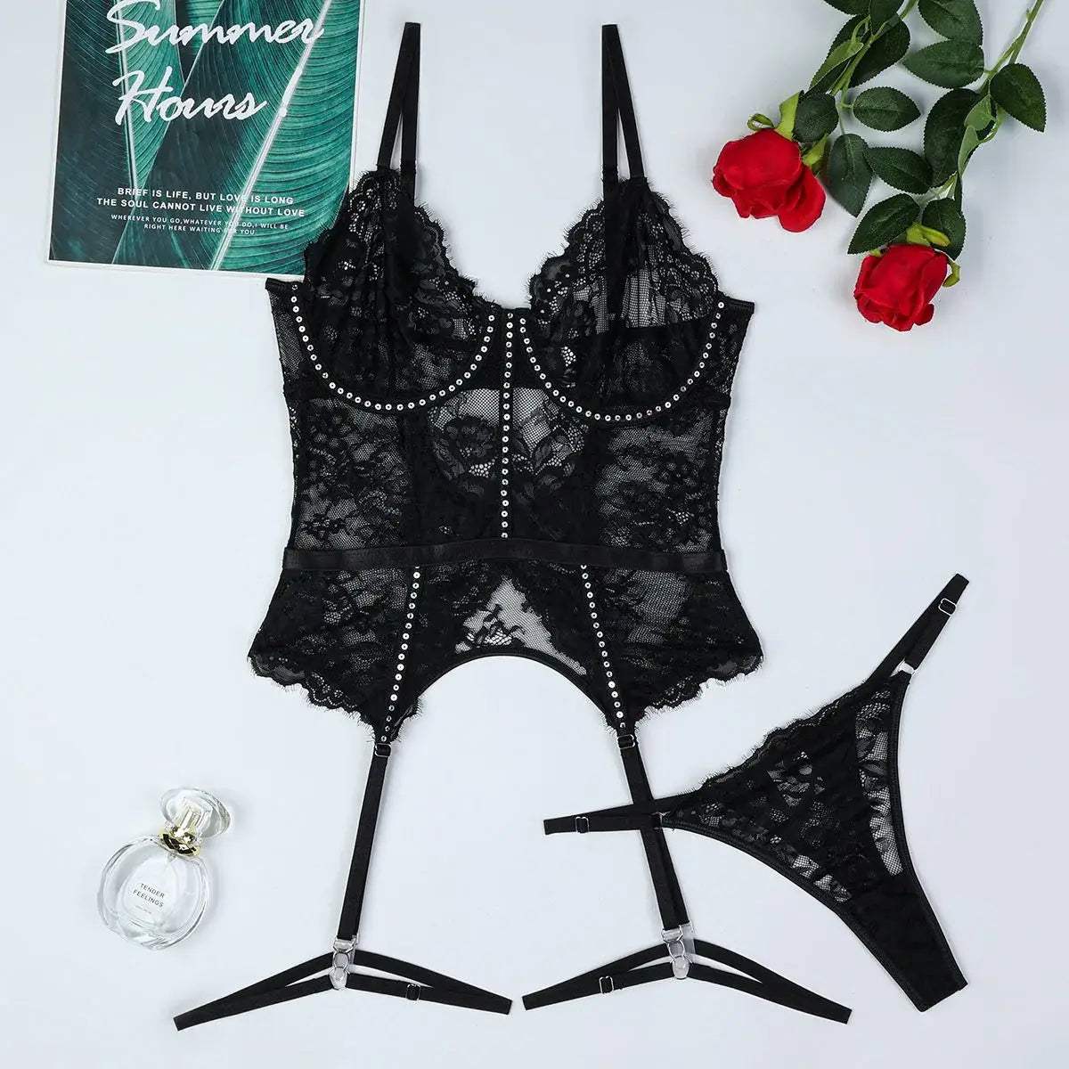 Midnight Radiance Rhinestone Lace Bodysuit - Lingerie By Coco - Flyclothing LLC