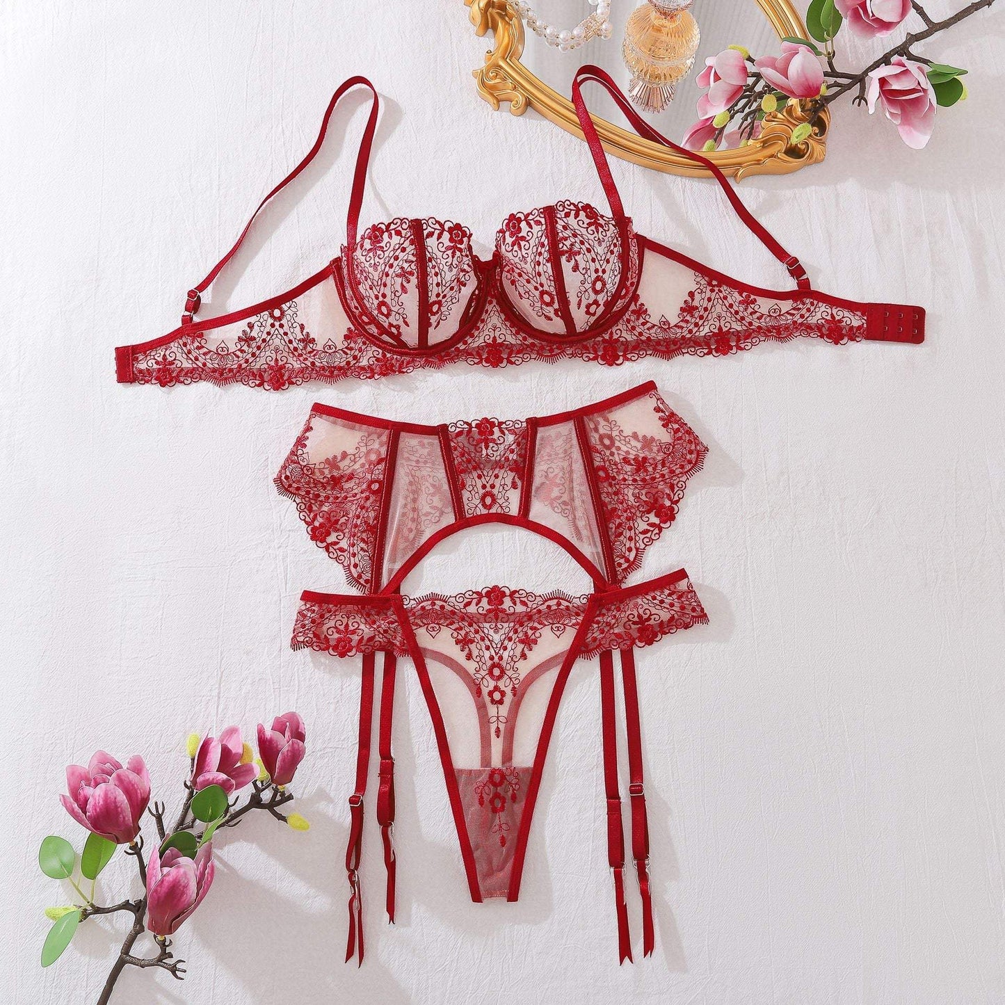 Dusk Petal Lingerie 3 Piece Embroidered Lace Set - Lingerie By Coco - Flyclothing LLC