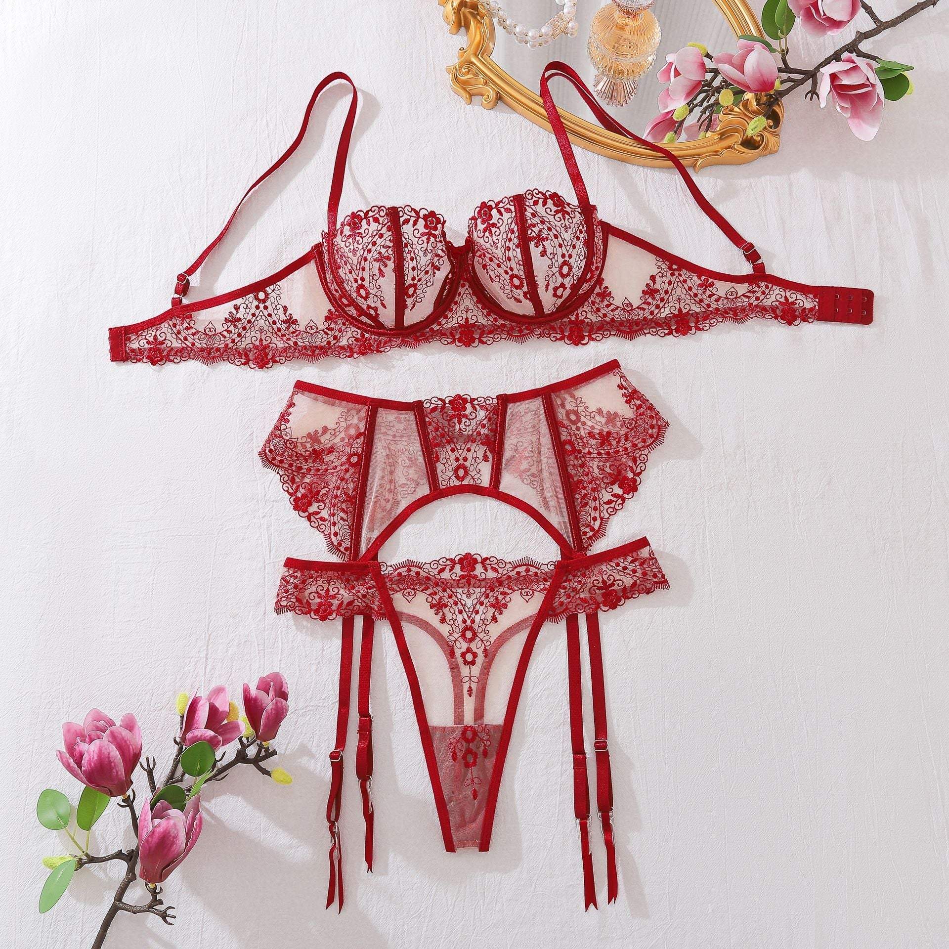 Dusk Petal Lingerie 3 Piece Embroidered Lace Set - Lingerie By Coco - Flyclothing LLC