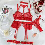 Enchanting Lace Harness 5 Piece Red Lingerie Set - Lingerie By Coco - Flyclothing LLC