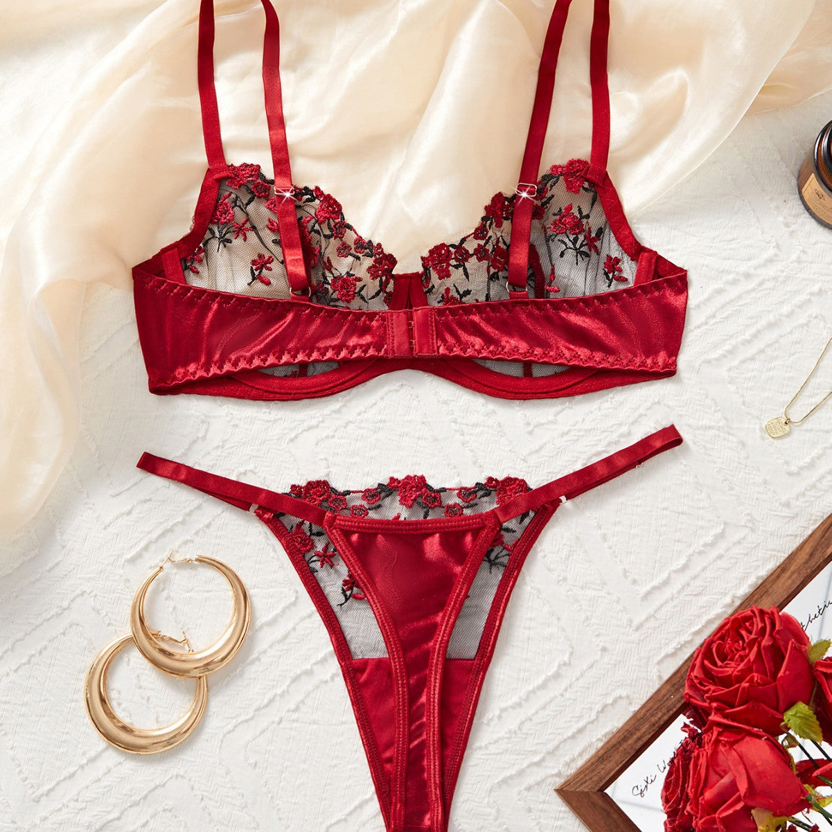 Rose Embroidered Lingerie 2 Piece Set - Lingerie By Coco - Flyclothing LLC