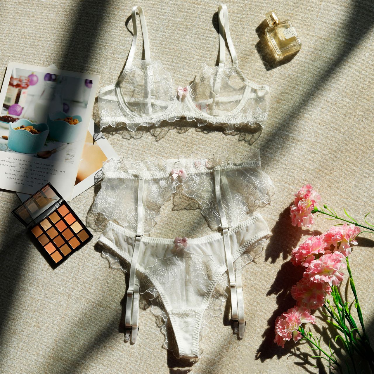 Moonlit Lace Embroidered 3 Piece Lingerie Set - Lingerie By Coco - Flyclothing LLC