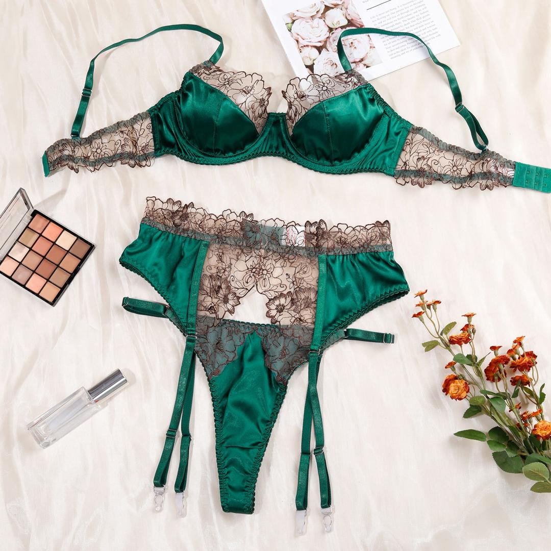 Emerald Envy Satin & Lace Garter 3 Piece Set - Lingerie By Coco - Flyclothing LLC