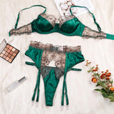 Emerald Envy Satin & Lace Garter 3 Piece Set - Lingerie By Coco - Flyclothing LLC
