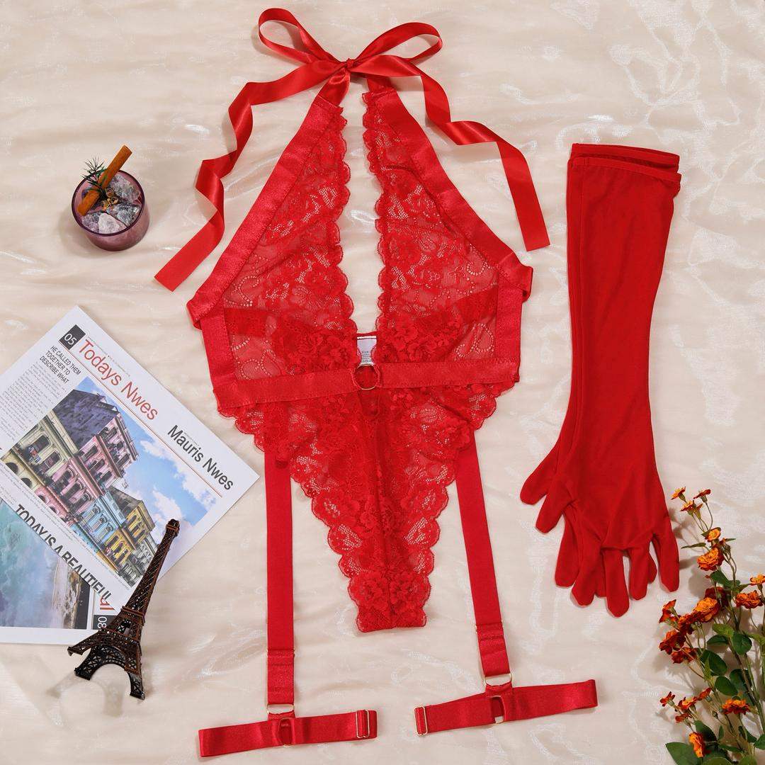 Crimson Desire Lace Teddy & Glove Set - Lingerie By Coco - Flyclothing LLC
