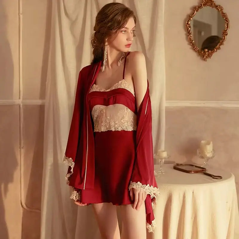 Duchess Dream 3-Piece Lace Trim Satin Set - Lingerie By Coco - Flyclothing LLC
