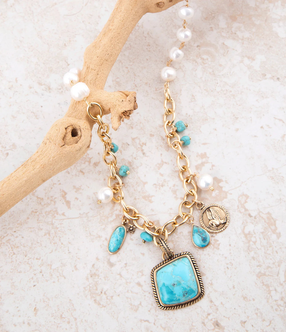 Blue Turquoise and White Pearl Multi Pendant Golden Necklace - Barse Jewelry - Flyclothing LLC