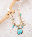 Blue Turquoise and White Pearl Multi Pendant Golden Necklace - Barse Jewelry - Flyclothing LLC