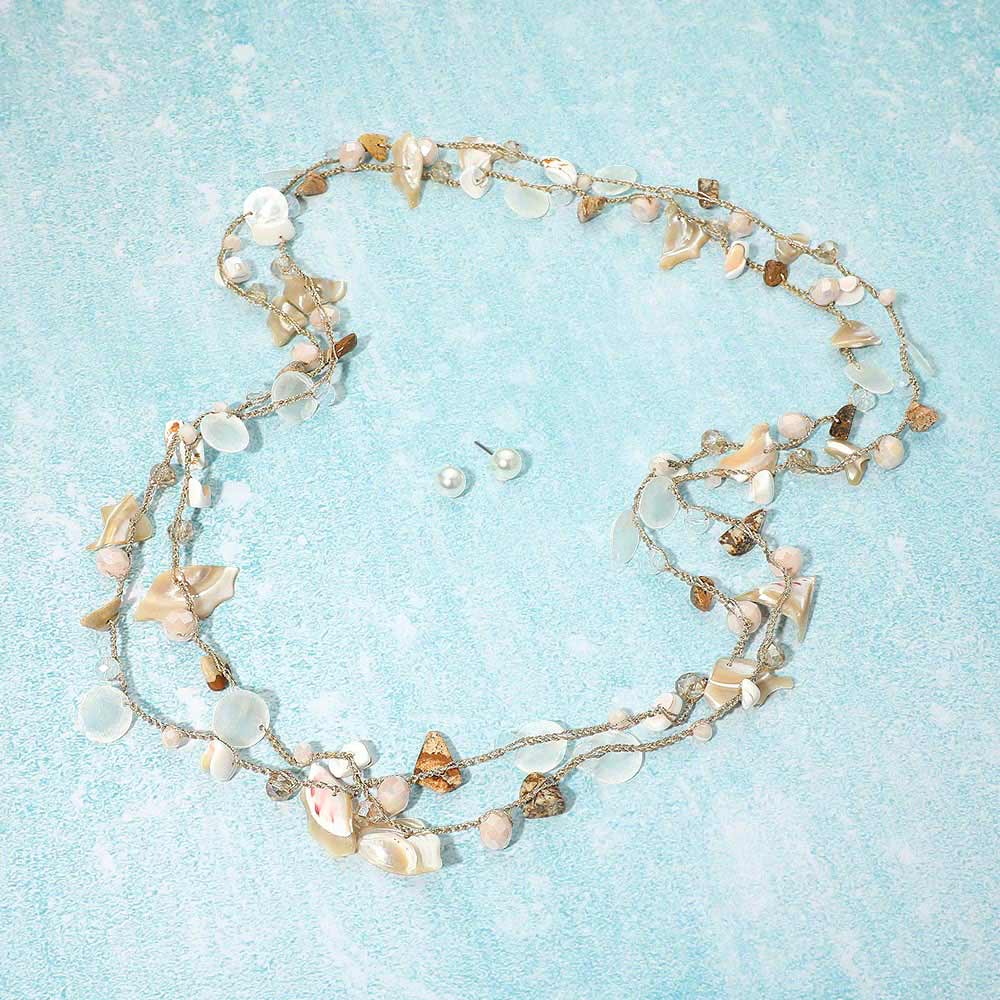Coastal Shell Natural Stone Pearl Charm Station Layered Statement Long Necklace - Madeline Love - Flyclothing LLC