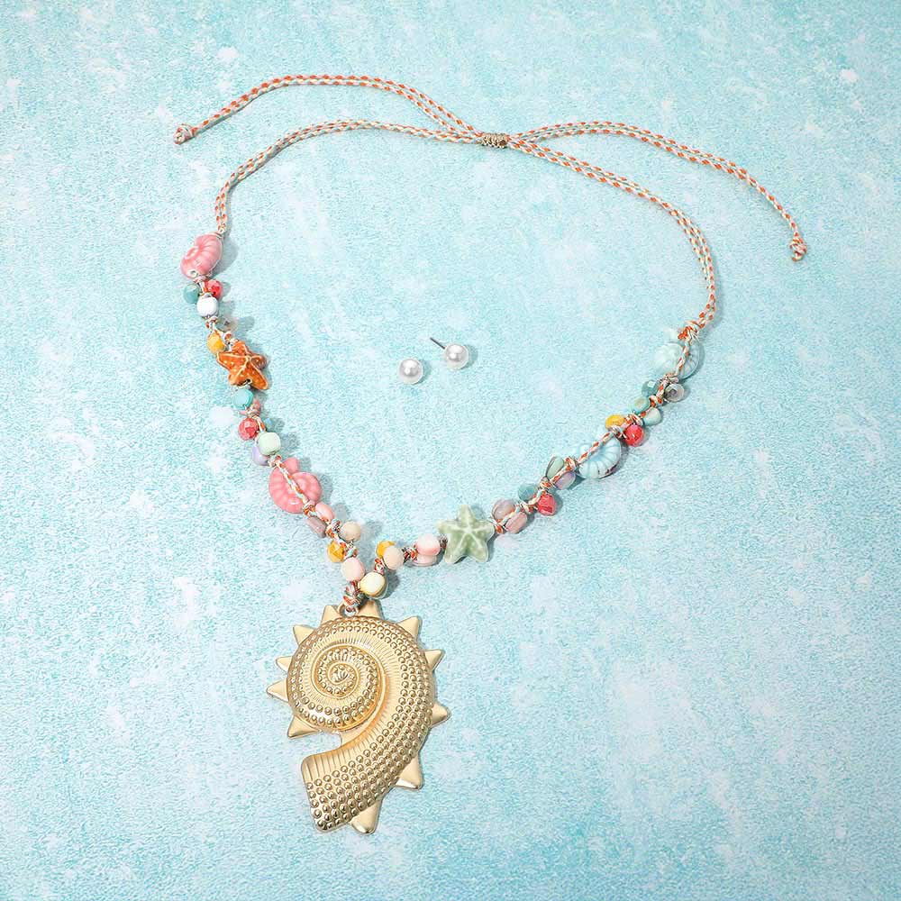 Spiral Shell Pendant Accent Coastal Beaded Adjustable Cinch Pull Tie Statement Long Necklace - Madeline Love - Flyclothing LLC