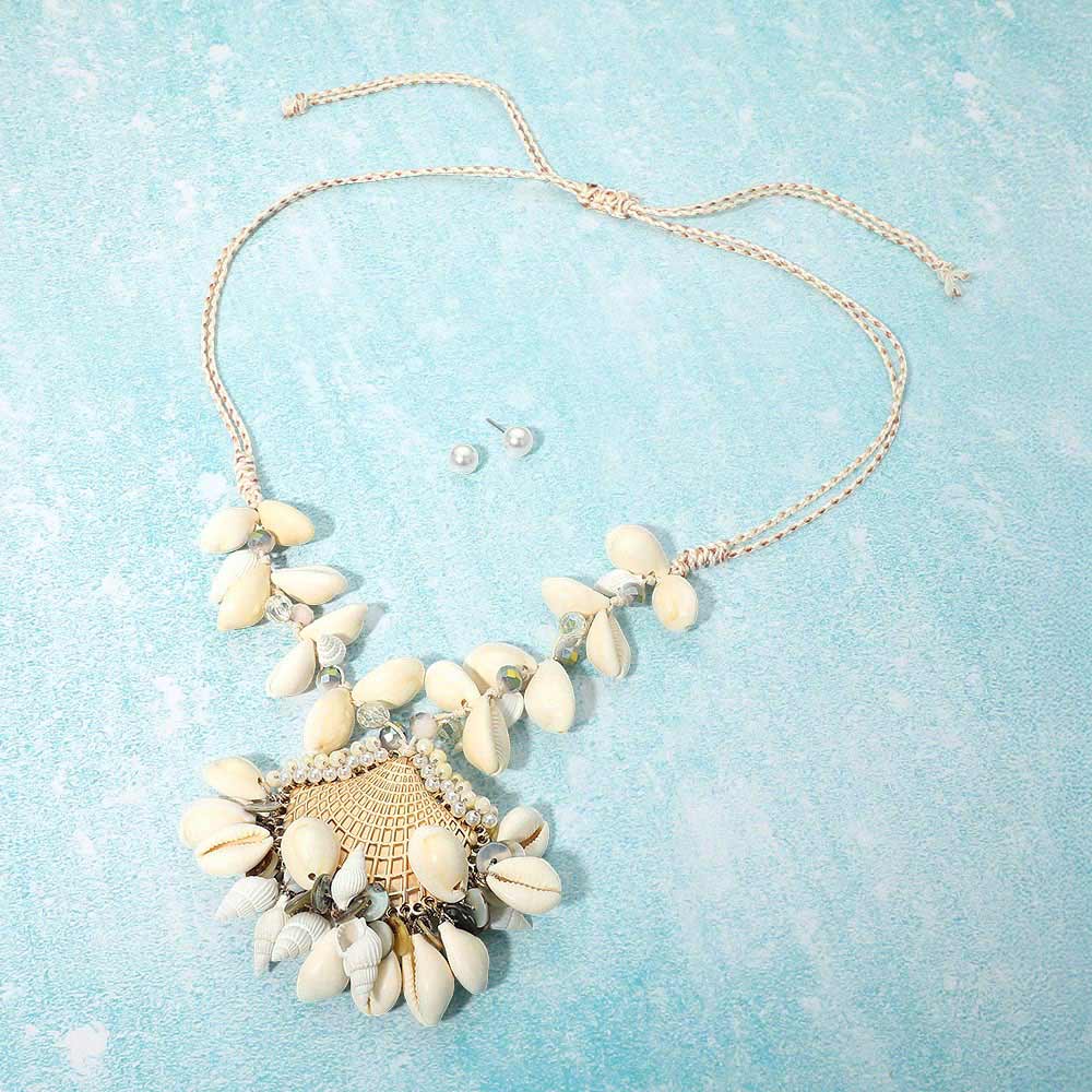 Shell Pendant Beaded Adjustable Cinch Pull Tie Statement Long Necklace - Madeline Love - Flyclothing LLC