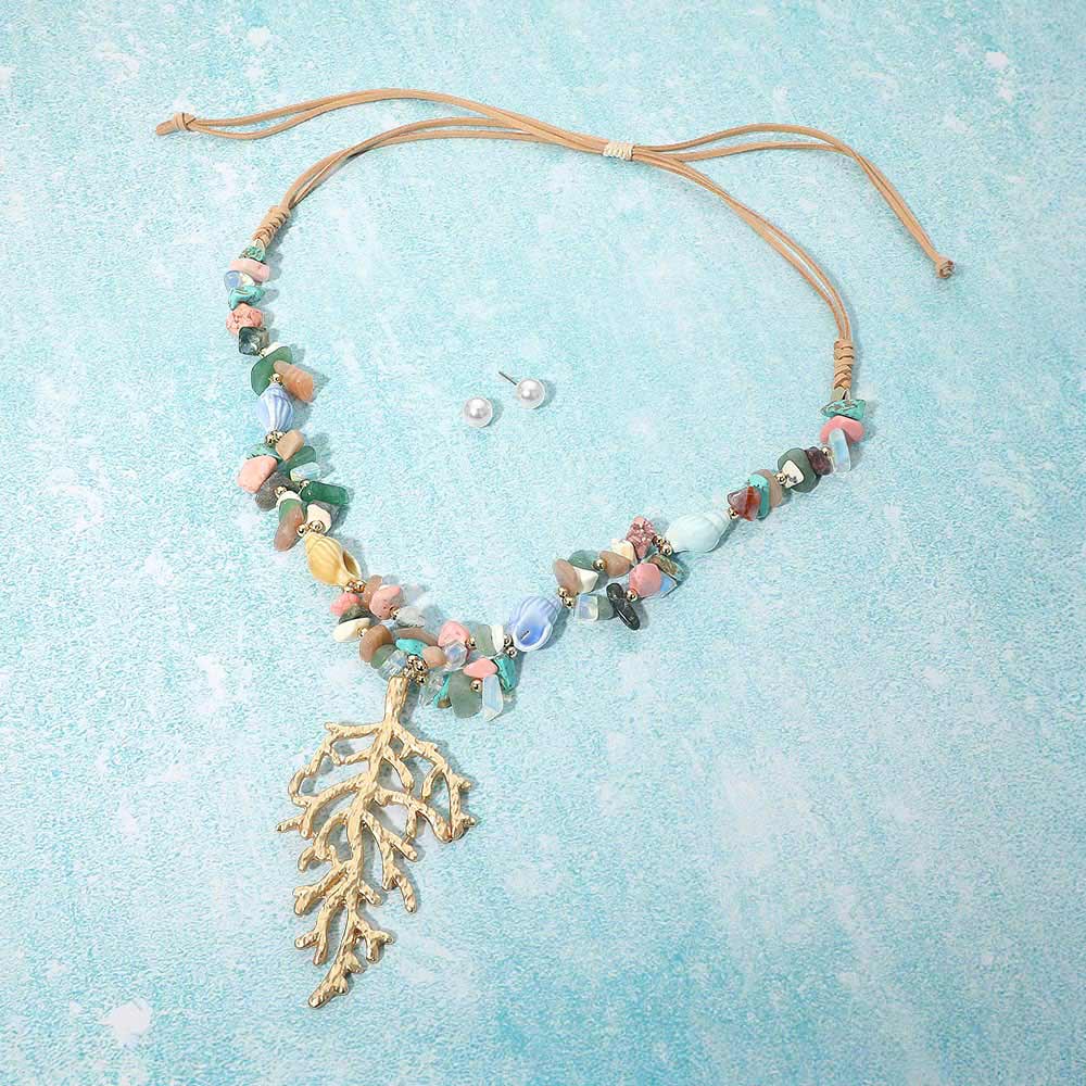 Coral Branch Pendant Beaded Adjustable Cinch Pull Tie Statement Long Necklace - Madeline Love - Flyclothing LLC