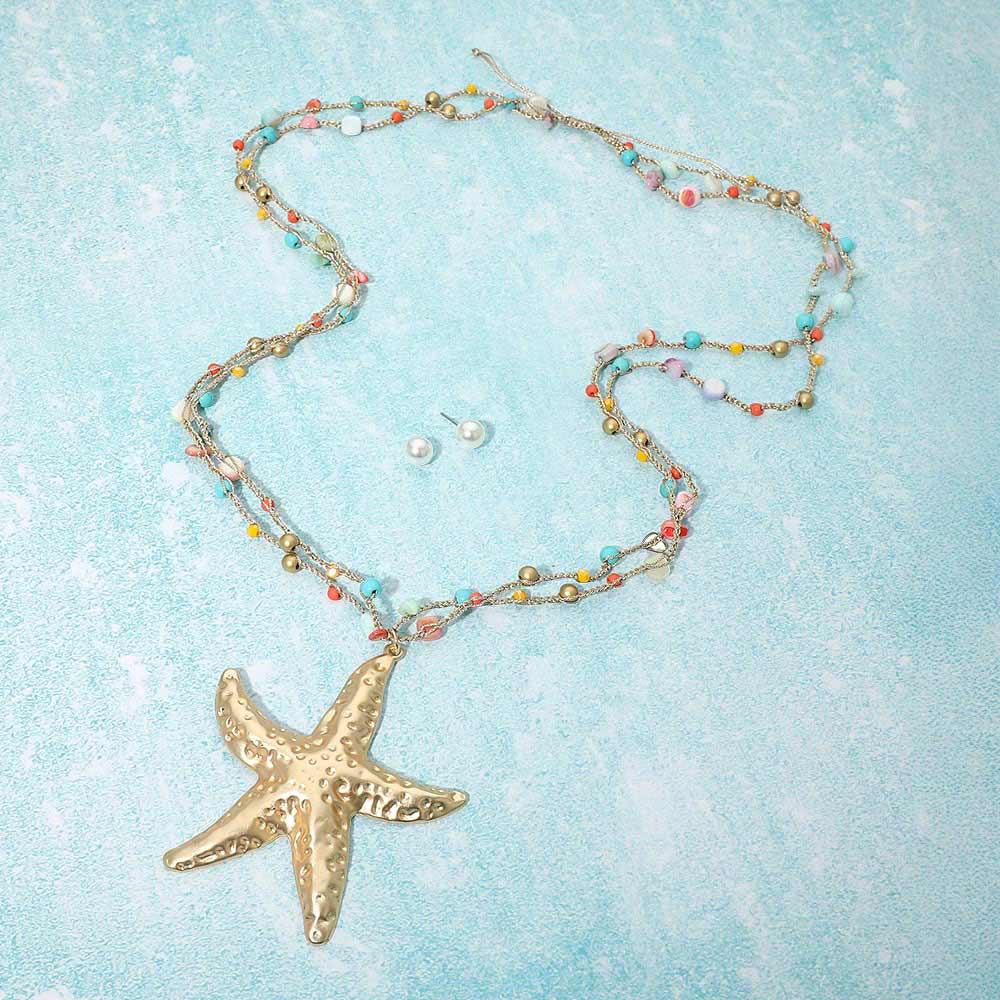 Starfish Pendant Accent Faceted Beads Station Layered Chain Adjustable Cinch Pull Tie Statement Long Necklace - Madeline Love - Flyclothing LLC