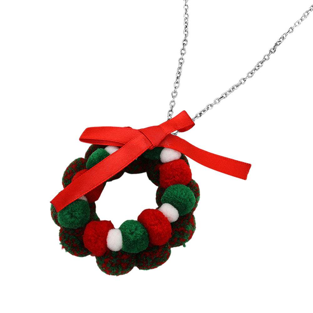 Bow Pom Pom Wreath Long Pendant Necklace - Madeline Love - Flyclothing LLC