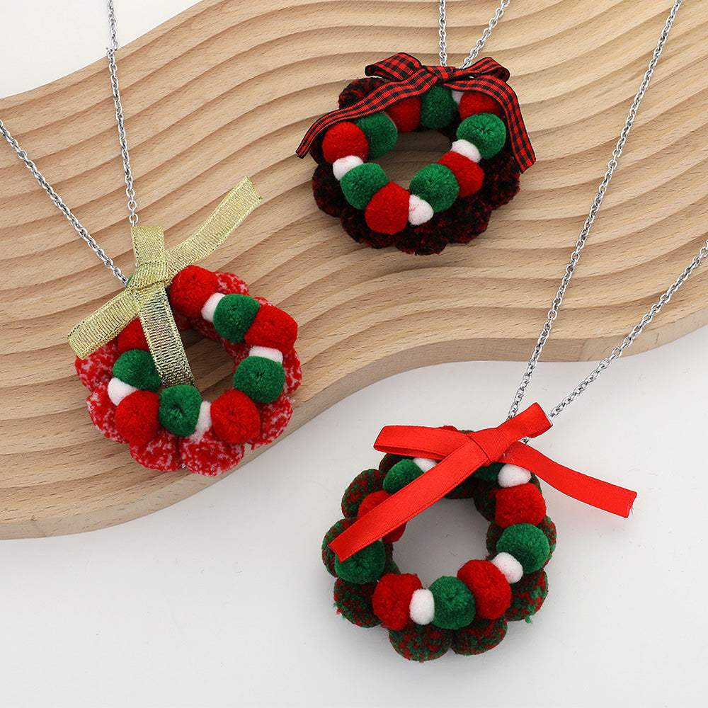Bow Pom Pom Wreath Long Pendant Necklace - Madeline Love - Flyclothing LLC