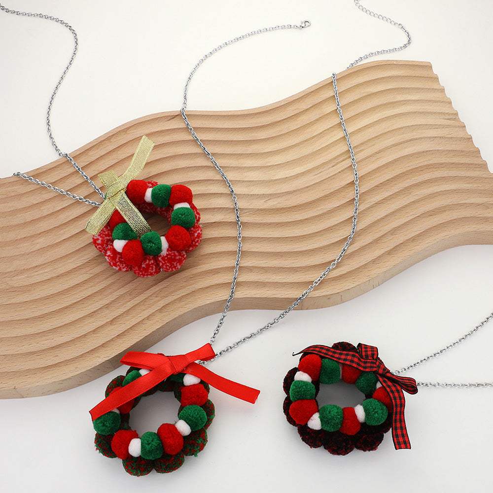 Bow Pom Pom Wreath Long Pendant Necklace - Madeline Love - Flyclothing LLC
