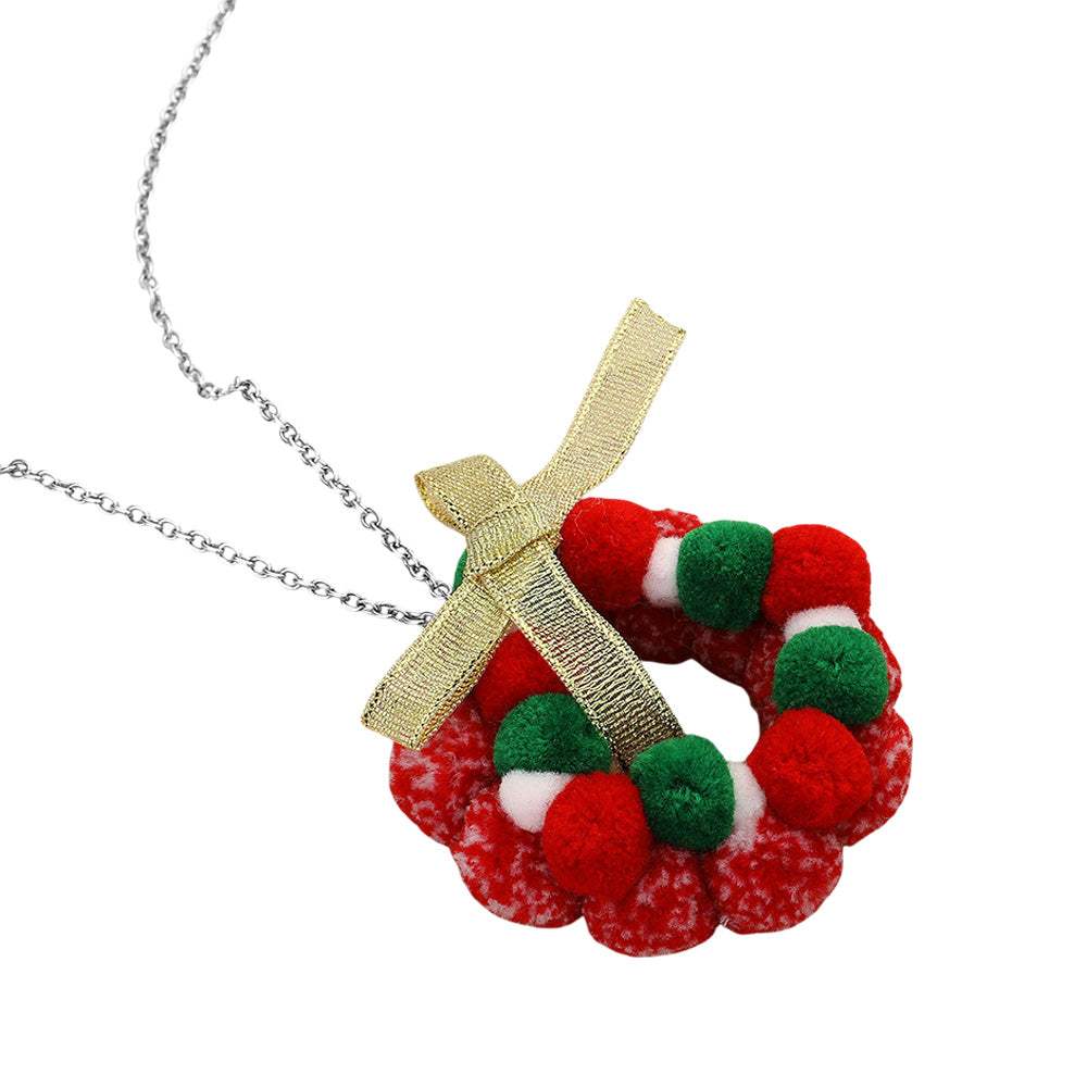 Bow Pom Pom Wreath Long Pendant Necklace - Madeline Love - Flyclothing LLC
