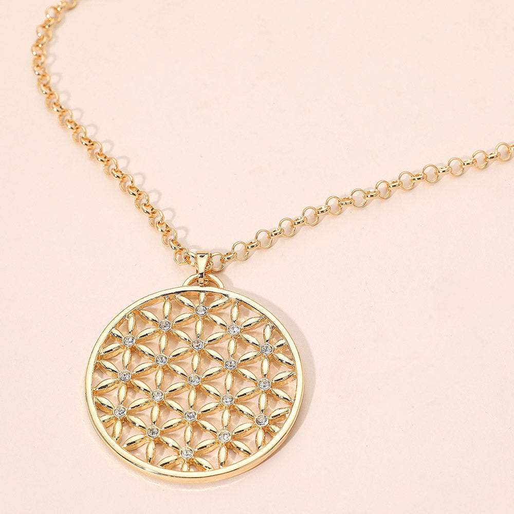 Rhinestone Accented Geometric Floral Circle Pendant Long Necklace - Madeline Love - Flyclothing LLC