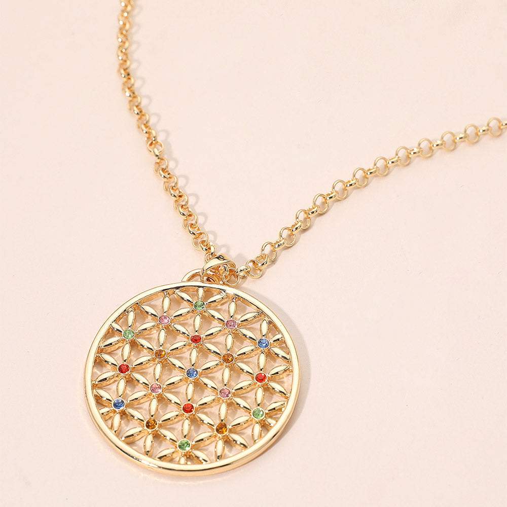 Rhinestone Accented Geometric Floral Circle Pendant Long Necklace - Madeline Love - Flyclothing LLC