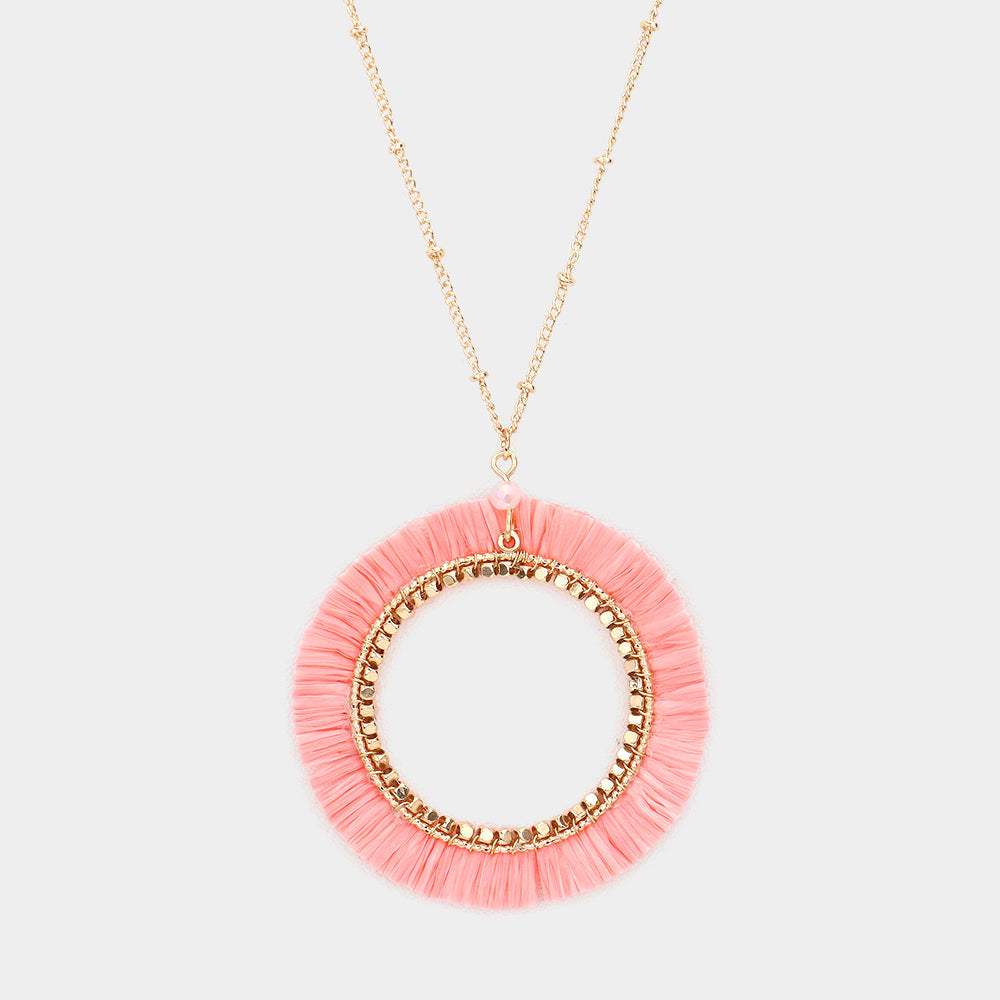 Raffia Trimmed Open Circle Pendant Long Necklace - Madeline Love - Flyclothing LLC