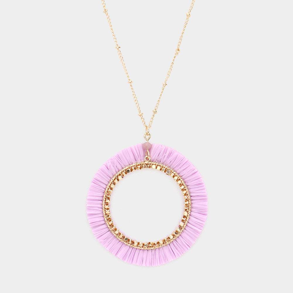 Raffia Trimmed Open Circle Pendant Long Necklace - Madeline Love - Flyclothing LLC