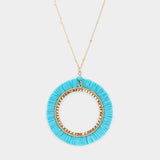 Raffia Trimmed Open Circle Pendant Long Necklace - Madeline Love - Flyclothing LLC