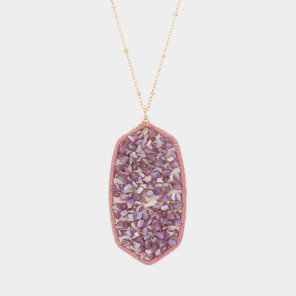 Beaded Raffia Wrapped Hexagon Pendant Long Necklace - Madeline Love - Flyclothing LLC