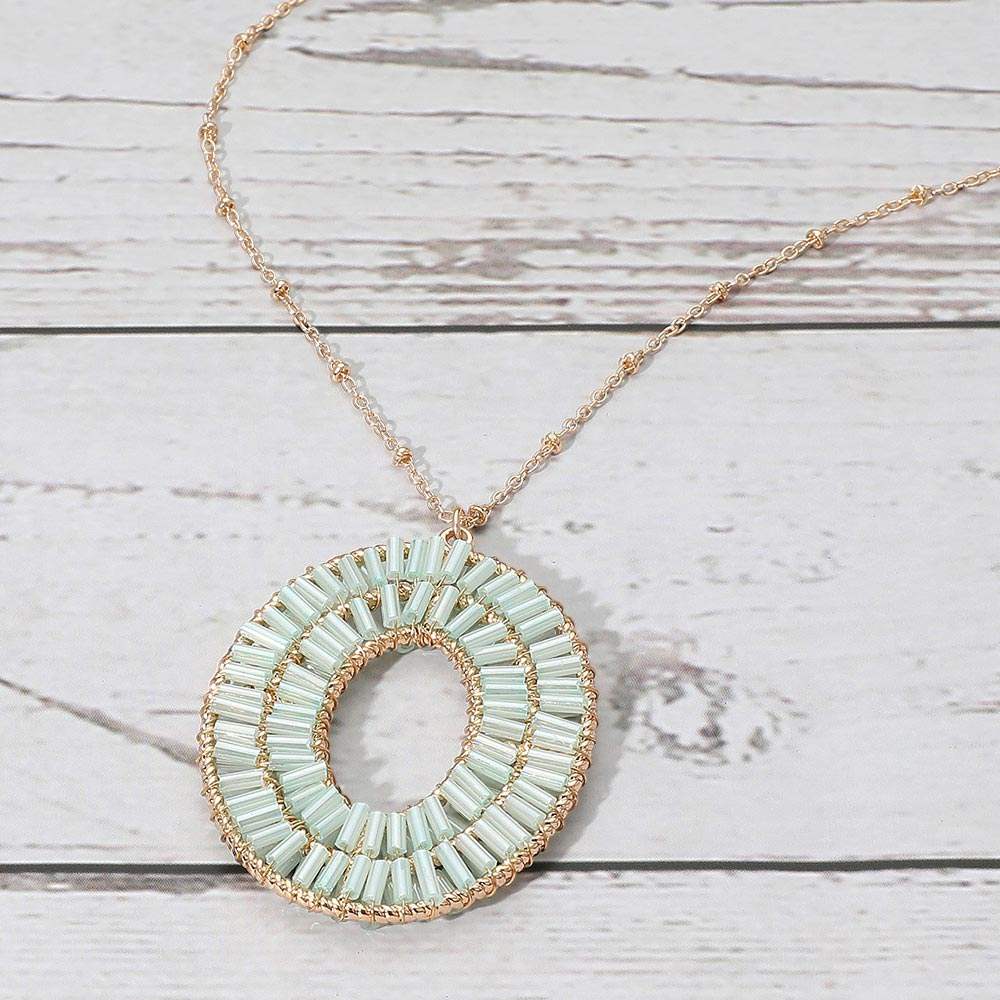Cylinder Beaded Oval Ring Pendant Long Necklace - Madeline Love - Flyclothing LLC