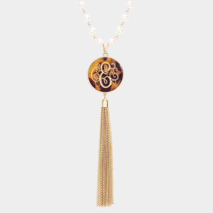 -E- Initial Monogram Pearl Metal Tassel Necklace - Madeline Love - Flyclothing LLC