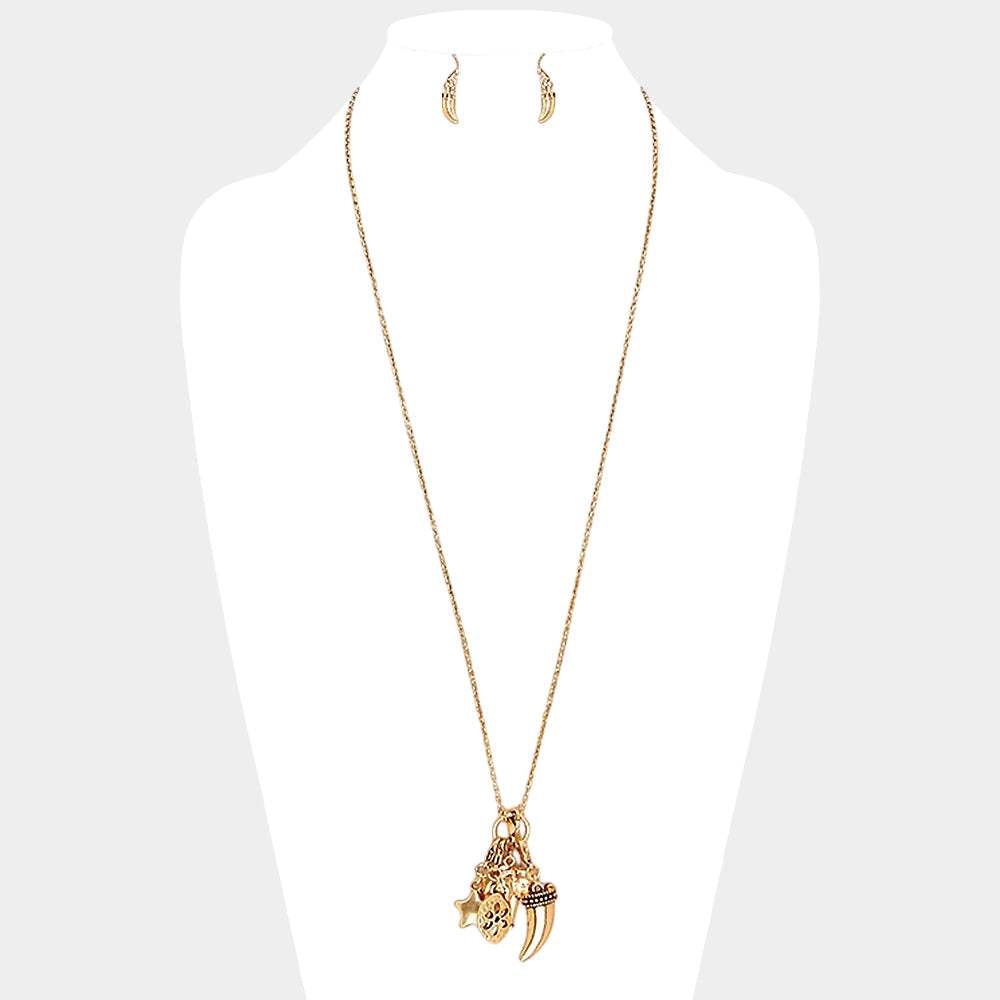 Metal elephant & horn multi-charm long necklace - Madeline Love - Flyclothing LLC