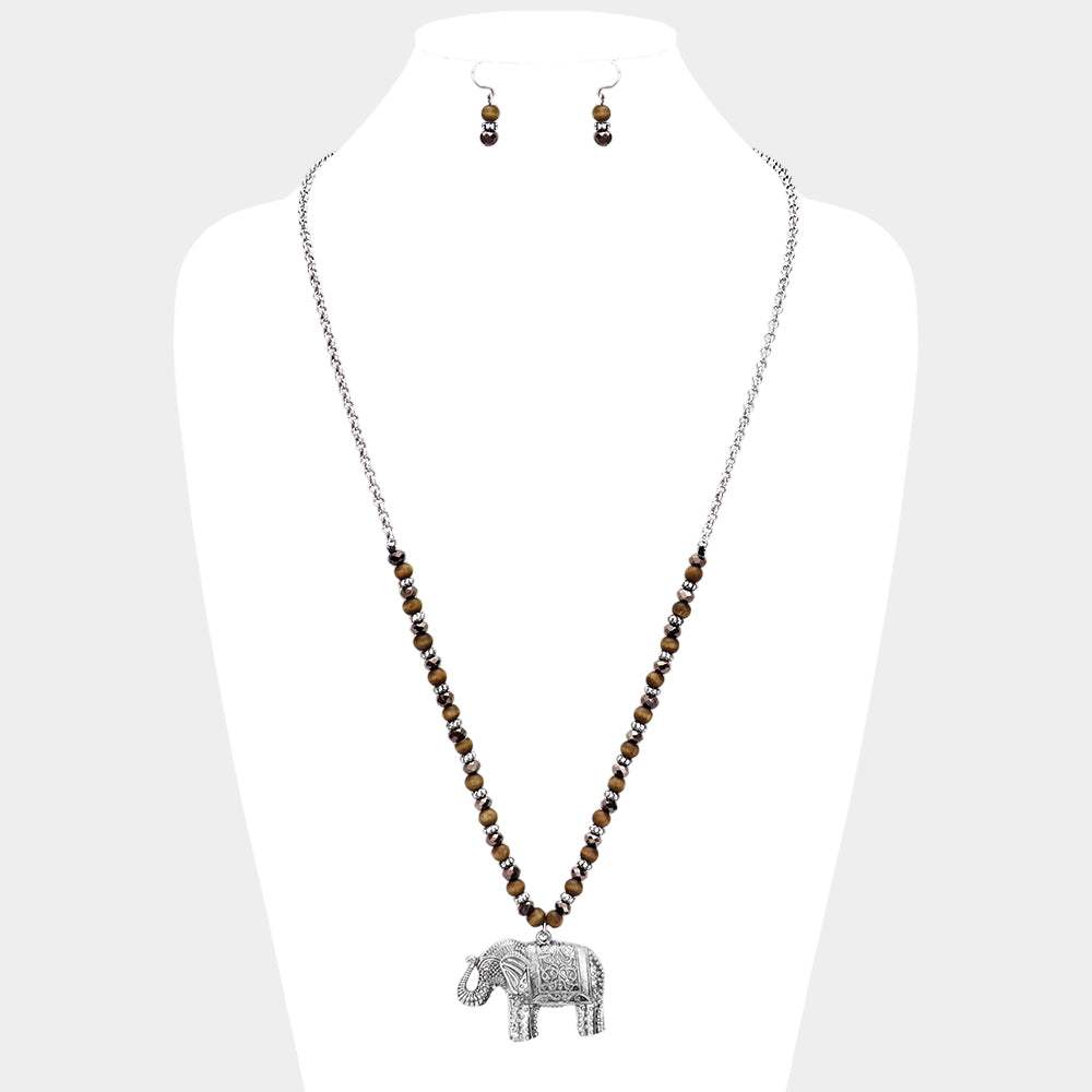 Burnished Metal Elephant Pendant Beaded Long Necklace - Madeline Love - Flyclothing LLC