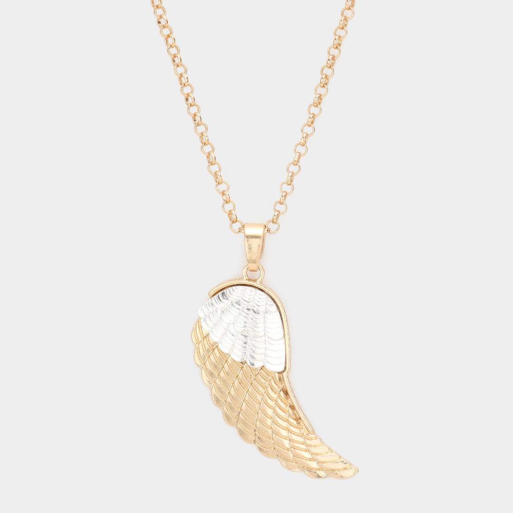 Two Tone Metal Wing Pendant Long Necklace - Madeline Love - Flyclothing LLC