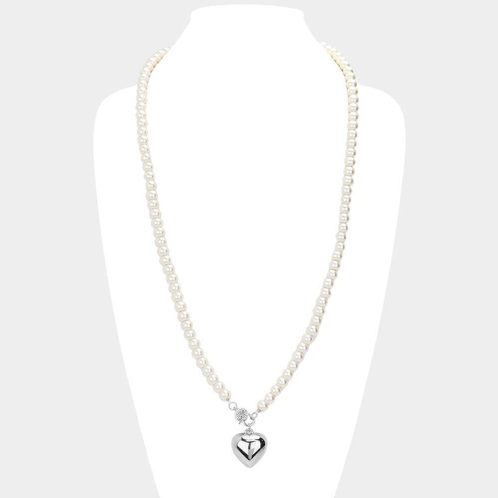 Metal Heart Pendant Pearl Long Necklace - Madeline Love - Flyclothing LLC