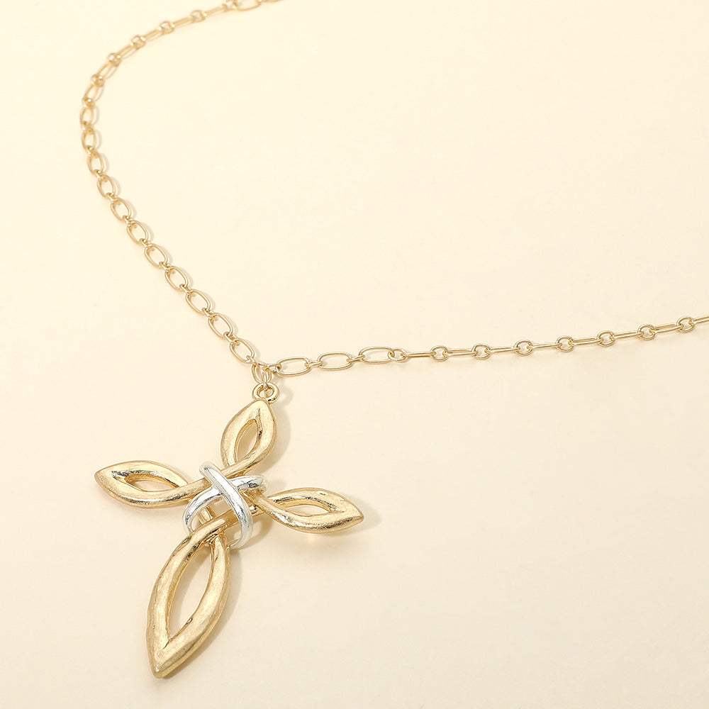 Two Tone Interwoven Cross Pendant Long Necklace - Madeline Love - Flyclothing LLC