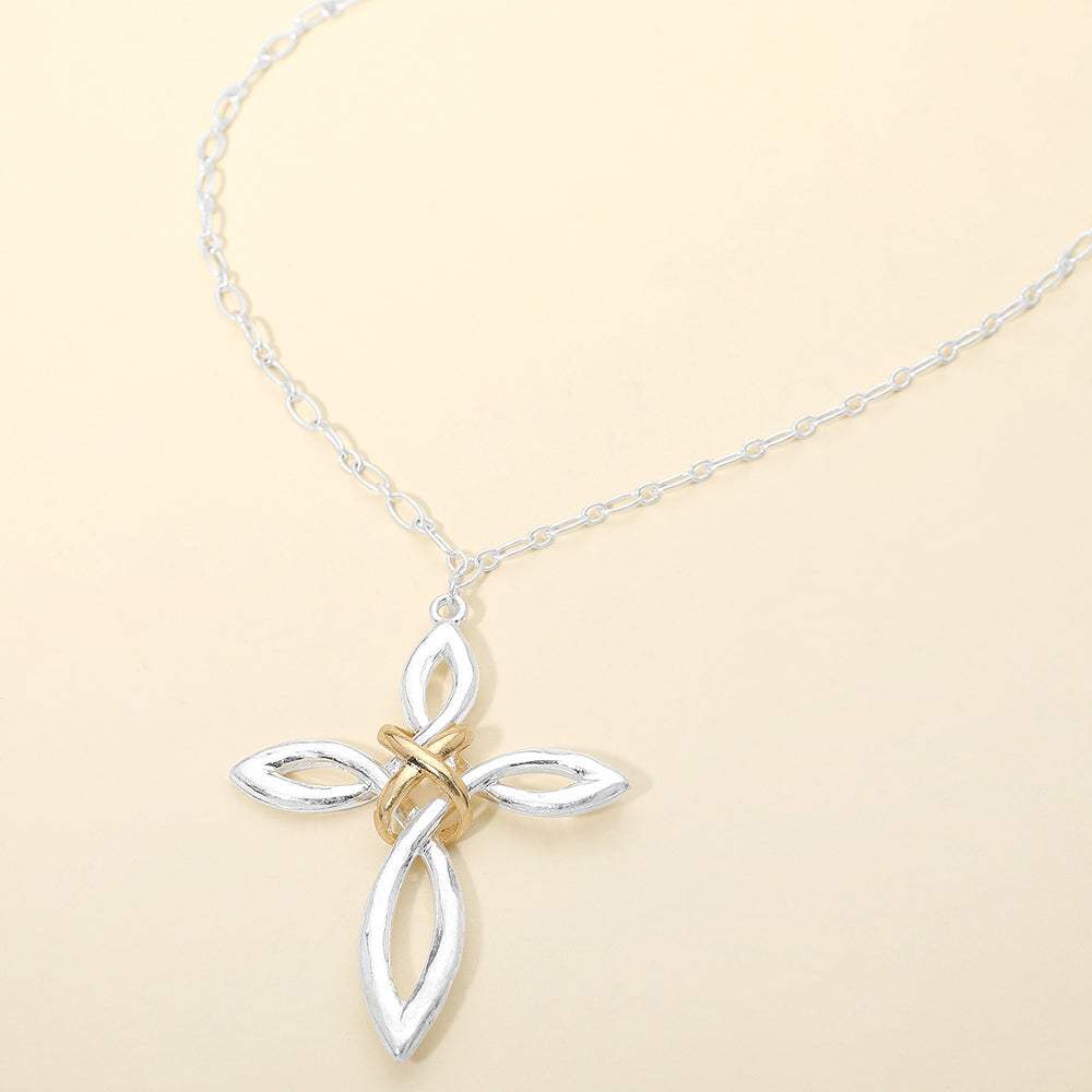 Two Tone Interwoven Cross Pendant Long Necklace - Madeline Love - Flyclothing LLC