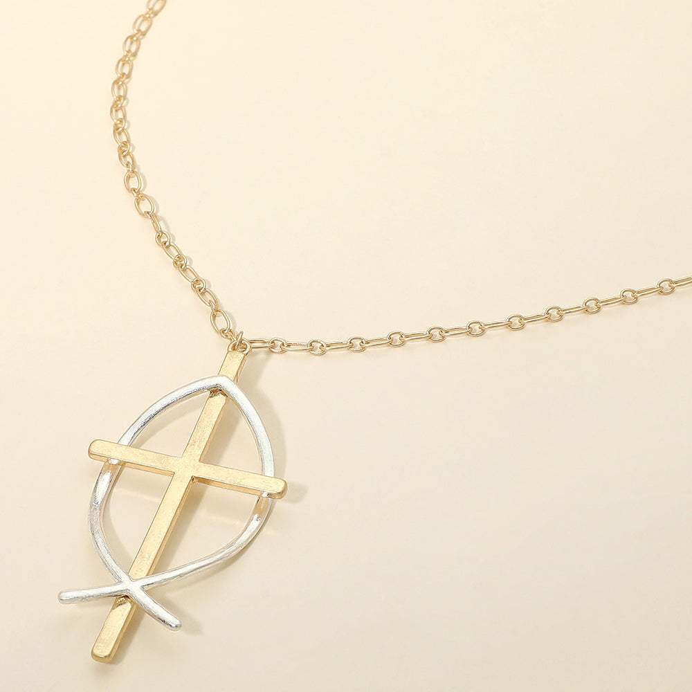 Two Tone Metal Cross Fish Symbol Pendant Long Necklace - Madeline Love - Flyclothing LLC