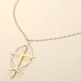 Two Tone Metal Cross Fish Symbol Pendant Long Necklace - Madeline Love - Flyclothing LLC
