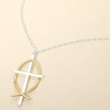 Two Tone Metal Cross Fish Symbol Pendant Long Necklace - Madeline Love - Flyclothing LLC