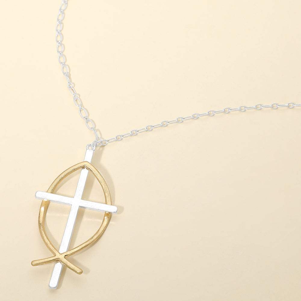 Two Tone Metal Cross Fish Symbol Pendant Long Necklace - Madeline Love - Flyclothing LLC